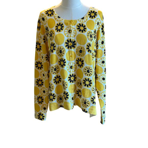 Women’s Charter Club Cardigan Yellow & Navy Flowers rhinestones 2X - Picture 1 of 5